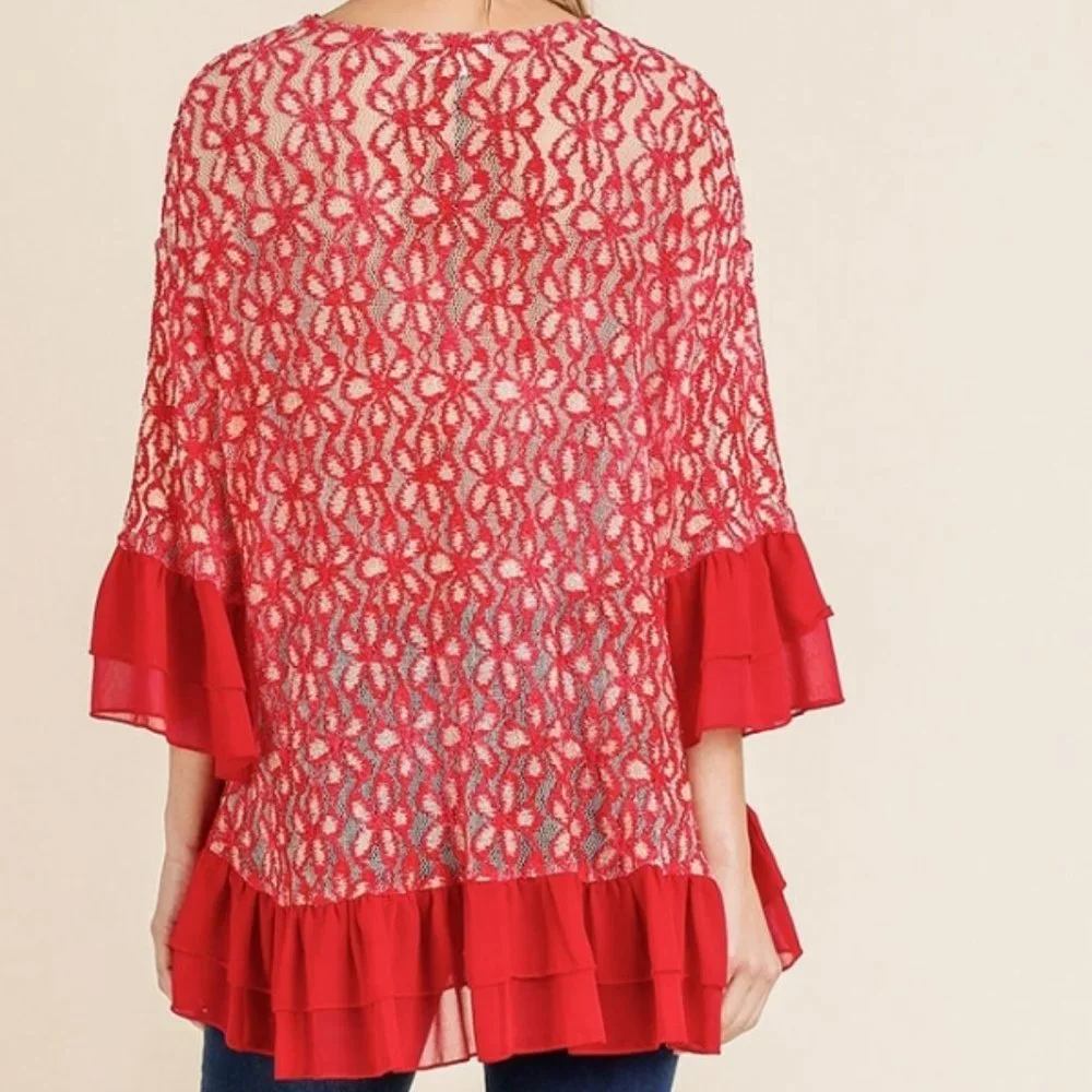 🎈Umgee Red Floral Mesh Ruffle Sleeve Top - Picture 4 of 4
